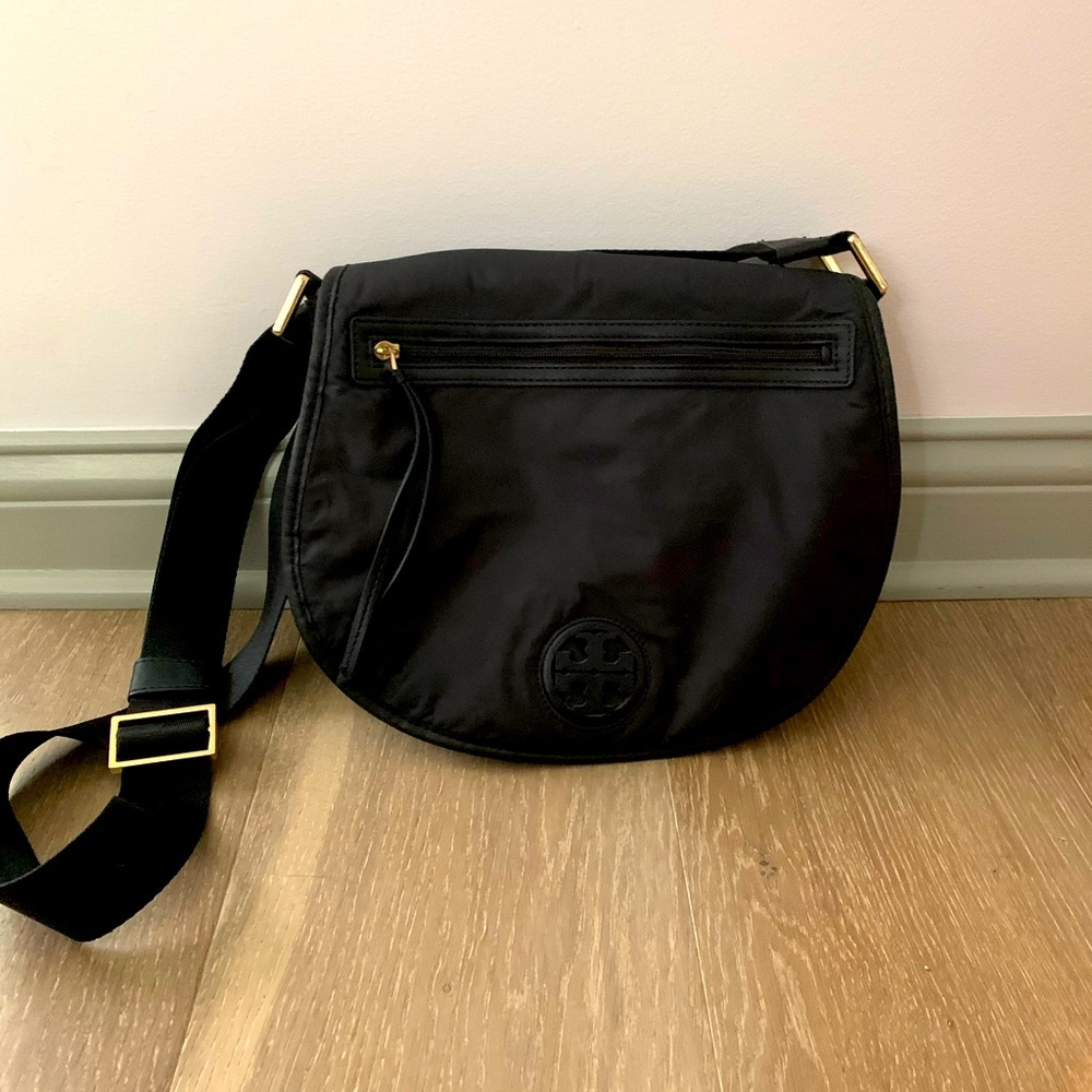Tory Burch sleek rayon black everyday/travel bag.